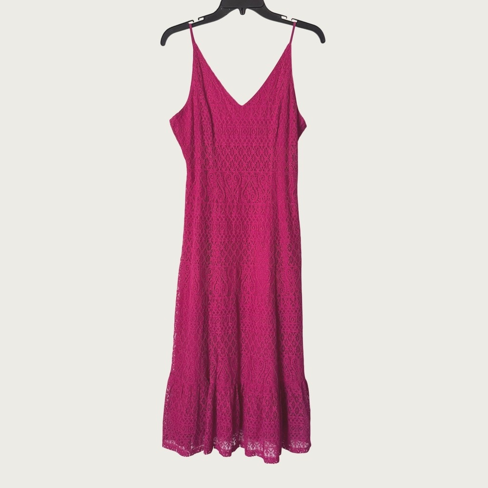 Lulus Lace Midi Dress Womens Size M Magenta Pink V-Neck Ruffle Hem Boho